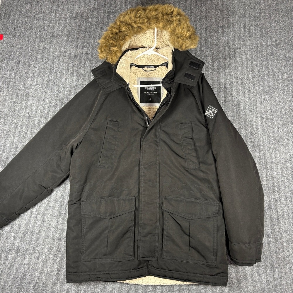 Hollister Wolf Jaw Jacket Mens XL Black All Weather Sherpa Lined Fur Hood Parka